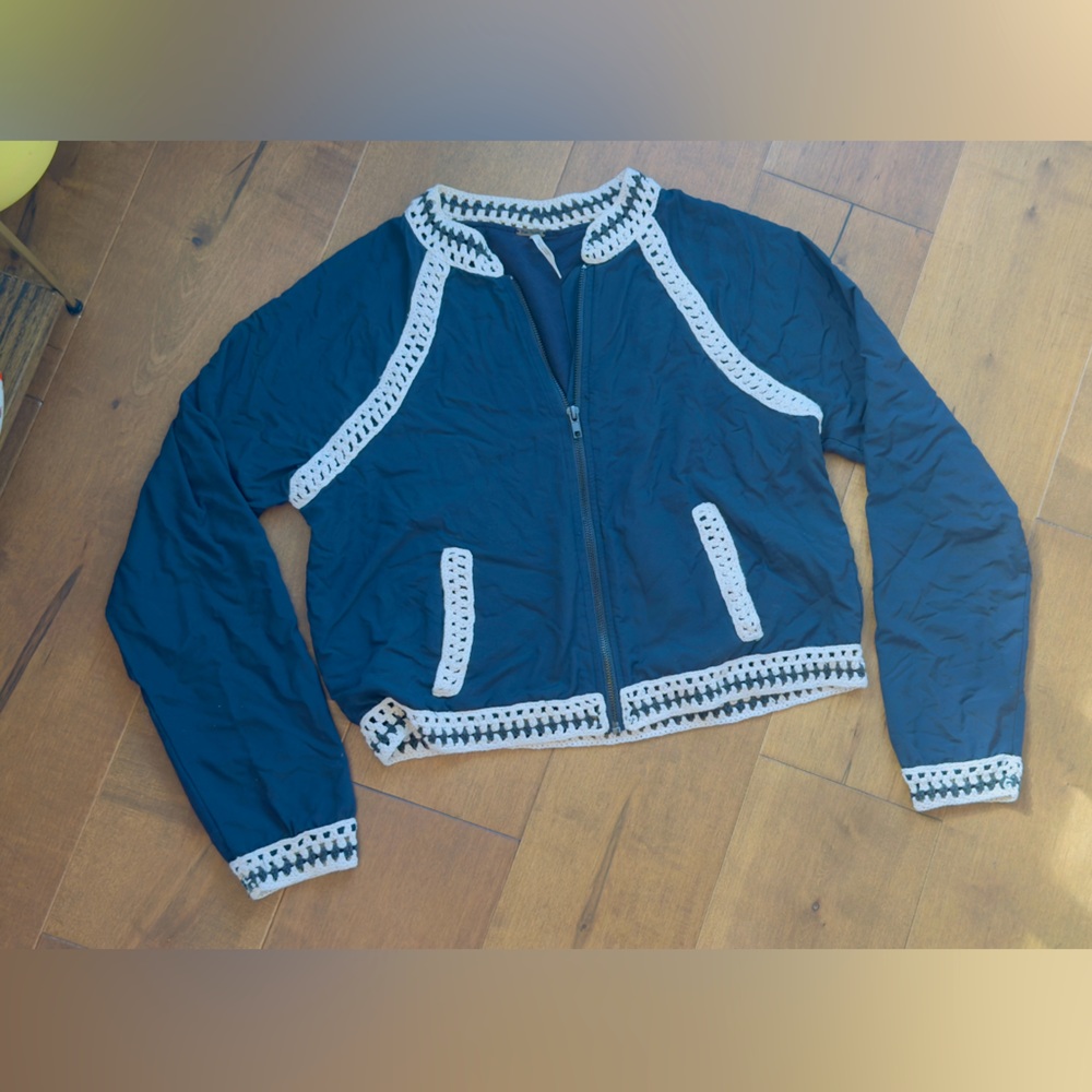 Free People Crochet Trim Navy Blue Baseball Sleeve Bomber Jacket S